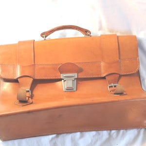 Soft Leather Briefcase with two Chrome buckles ; Vintage Quality, tan brown soft leather
