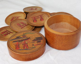 Set of Oriental Coasters in a box; beautifully decorated with house design. Made in bamboo, Vintage