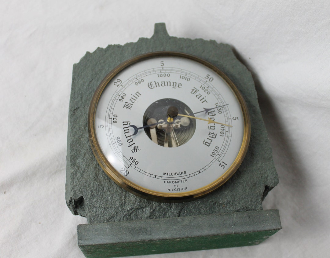 Barometer Set in a Piece of Heavy Slate Rock Circular Vintage Aneroid