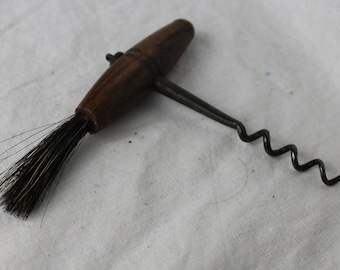 Vintage Cork screw with brush and wooden handle