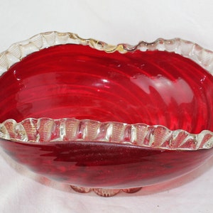 Vintage Red Glass Bon Bon Dish: Hand Blown Swirl Bowl