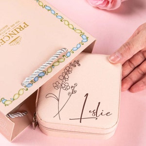 Caja de joyería de flores de nacimiento personalizada / Organizador personalizado para ella / Regalo de dama de honor de boda / Estuche de viaje portátil / Regalo del Día de la Madre