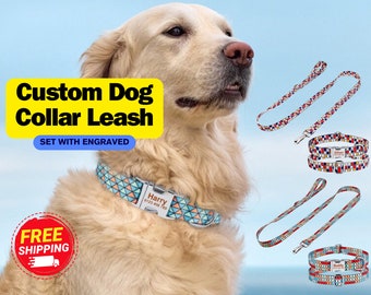 Personalized Custom Dog Collar and Leash Set | Engraved Pet Name and Contact | Durable Polyester | 3 Styles & 4 Sizes