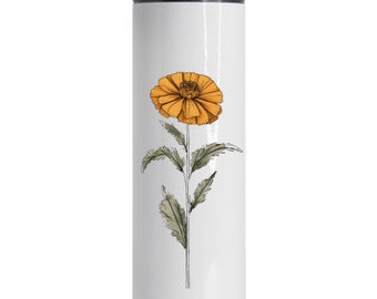 Single Marigold Sketch with Elongated Stem and Leaves - Floral Art Print - Botanical Wall Decor Thermal Tumbler 16 oz.