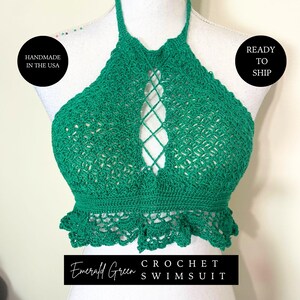 Green Crochet Swimsuit Top, Handmade Halter Bikini Top, Boho Swimwear, Adjustable Beach Top, Summer Festival Outfit, Padded Crochet Bikini