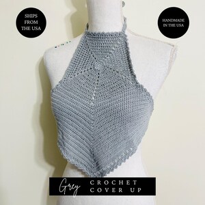 Gray Crochet Halter Top, Grey Boho Beachwear, Festival Outfit, Adjustable Handmade Summer Crop Top Swimwear, Small-Medium, Ready to Ship