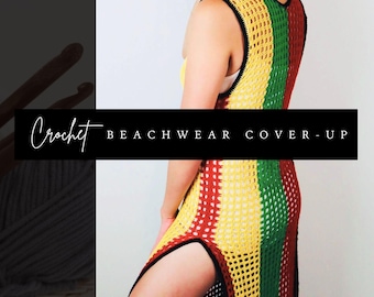 Tunique de plage au crochet en résille fait main, robe d'été d'inspiration rasta, housse de bain bohème, tenue de festival, longue robe en résille multicolore