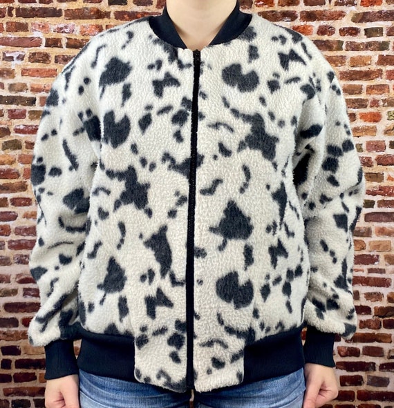 Vintage Cow Print Fleece Bomber Style Jacket Size
