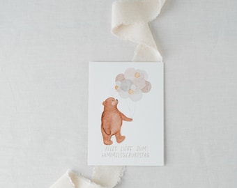 Birthday card bear with balloons A6 postcard star child card heavenly birthday postcard watercolor birthday card set