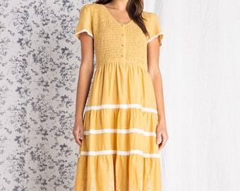 Cotton Dress in Yellow, Midi Dress, Tiered Floral Embroidery Lace, Front Button Sundress, Smock Dress, Day Dress, Women Dress