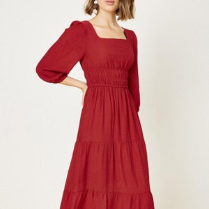 Rotes Midi-Kleid: Vintage-Stil abgestuften Rüschen Kittel Taille