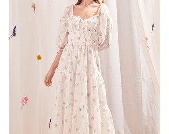 Floral Milkmaid Cotton Midi Dress: Vintage Cottagecore Style