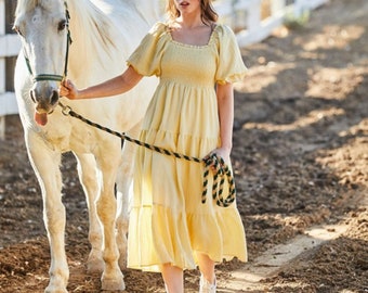 Light Yellow Dress, Puff Sleeve Dress, Square Neck Dress, Romantic Dress, Wide Skirt Dress, Summer Dress, Party Dress, Women Dress