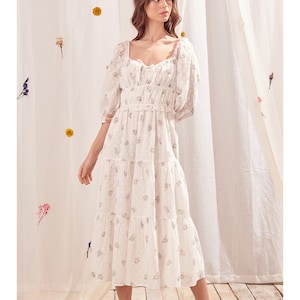 Cotton White Dress, Spring, Summer, Autumn Dress, Milkmaid Dress, Cottagecore Dress, Floral Print, Holiday Dresses for Women