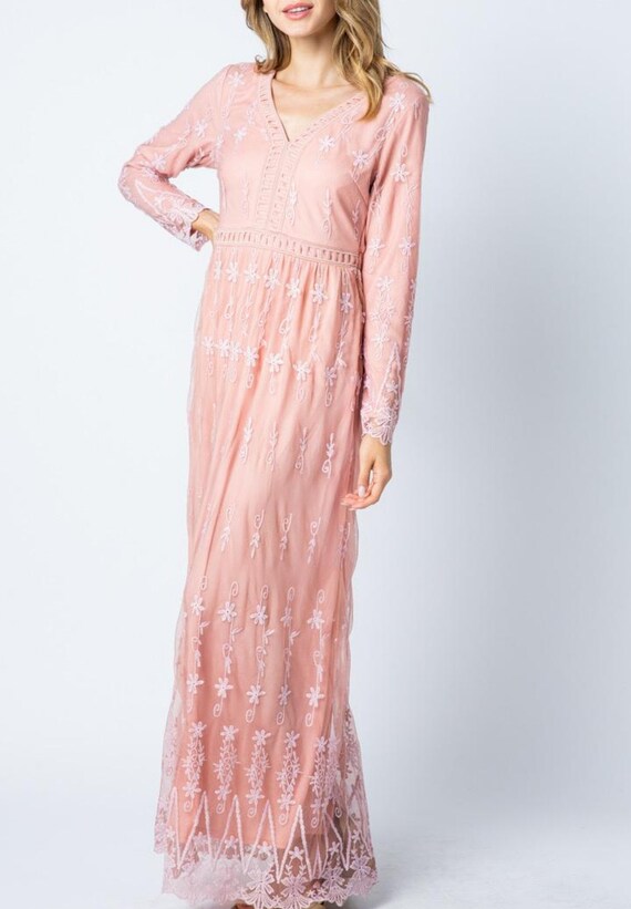 Embroidery Maxi Dress Pink Lace Dress Evening Dress Bridal and