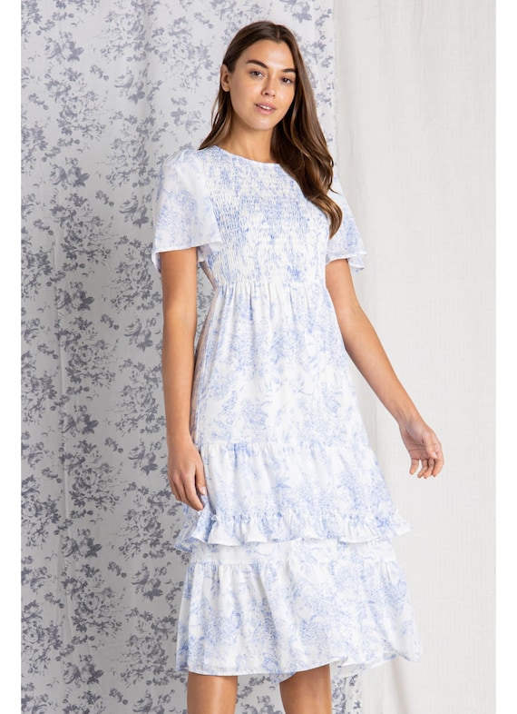 Toile De Jouy Midi Dress: Light Blue Floral Smock Dress - Etsy
