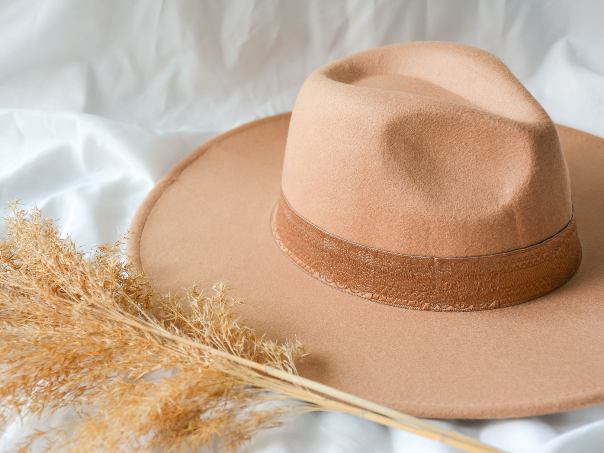 Embroidered Ribbon Fedora Hat, Stiff Brim Hat, Flat Brim Hat, Rancher