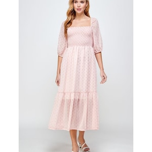 Pink Blush Chiffon Midi Dress • Smocked Bodice & Puff Elbow Sleeves • Square Neck Cocktail Dress • Gold Foil Polka Dots
