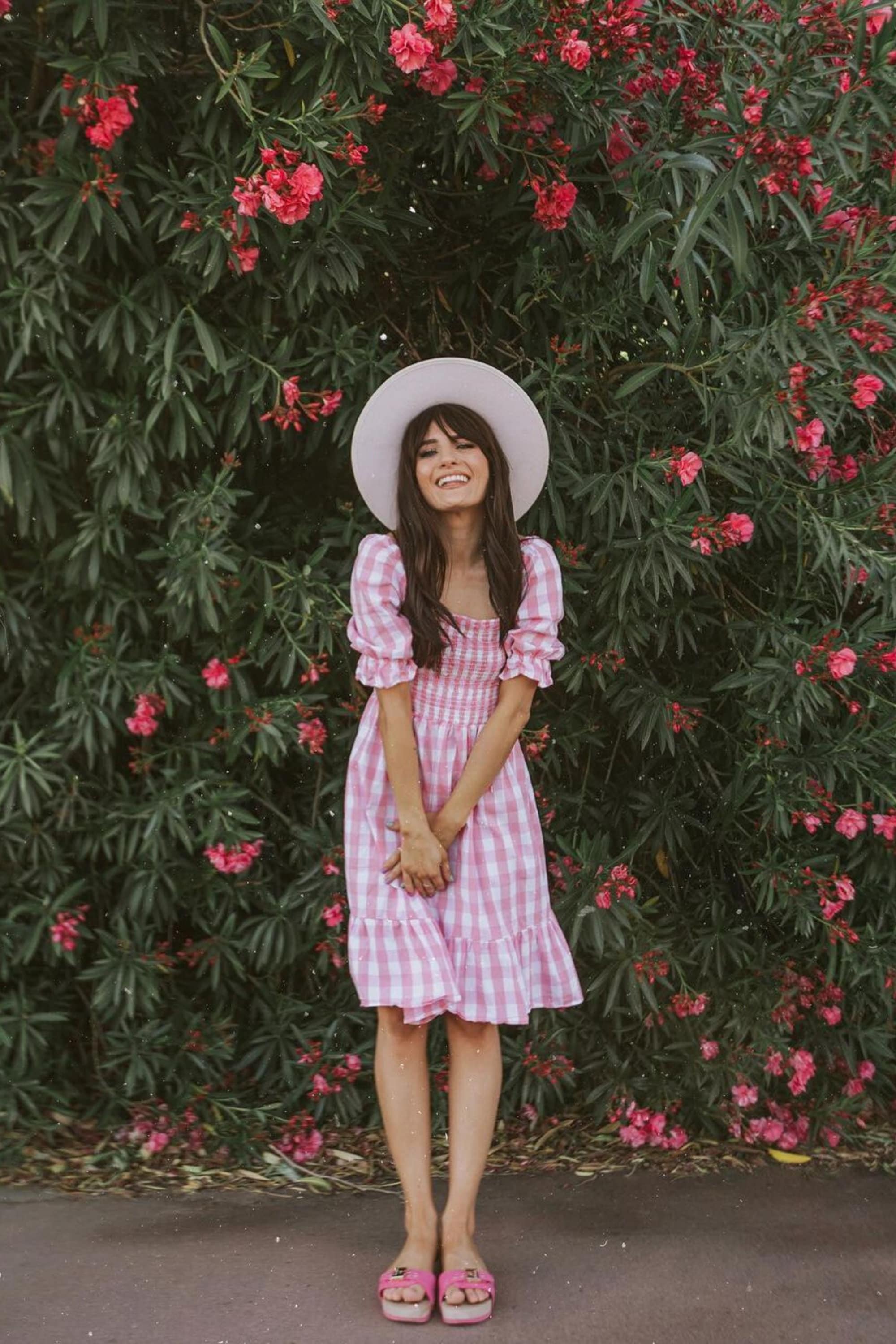 Pink Gingham Dress, Vintage Cotton Dress, Puff Sleeve Smock Dress