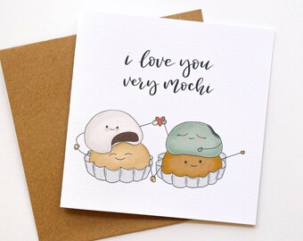 Dia dos Namorados Mochi Pun Love Card - Eu te amo muito mochi, cartão de trocadilho mochi, estampa kawaii mochi, sobremesa japonesa, trocadilho de comida asiática
