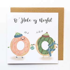 O HOLY Night- donut cartoon card, christmas card puns, handmade greeting cards, funny food card, dad joke christmas, cute donut jokes