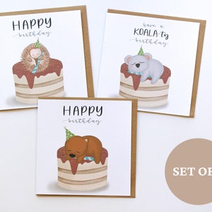 SET OF 3 Aussie animal birthday cards- bulk buy, bulk set of cards, wombat, koala, echidna print, handmade greeting cards, australian animal