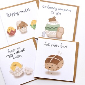 Set von 4 Osterkarten - glücklich Ostern, süße Ei und Hase Karte, Ostern Feier, Hase Cartoon, Kawaii Ostern, guten Freitag, Ostersonntag