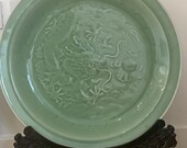Large Green Glaze Chinese Celadon Dragon Charger, 51cm, Dragons Stand included