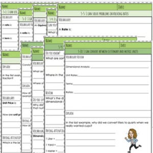 May include: A collection of worksheets with green borders and white pages. Each sheet includes sections for vocabulary, explanations, and problem-solving. The worksheets cover topics such as rates, ratios, and unit conversions.