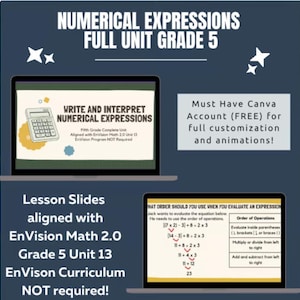May include: Digital educational resource for 5th grade math, featuring lesson slides on numerical expressions. The image includes text: "Numerical Expressions Full Unit Grade 5" and "Write and Interpret Numerical Expressions". Requires a Canva account.