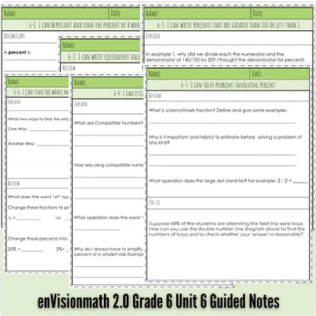 Envisions Math 2.0 Grade 6 Unit 6 Guided Notes | Understanding Percents ...