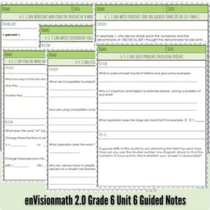 Könnte beinhalten: Eine Sammlung grüner und weißer Arbeitsblätter mit dem Titel "enVisionmath 2.0 Grade 6 Unit 6 Guided Notes". Die Arbeitsblätter behandeln Themen wie Prozentsätze und äquivalente Werte mit Lücken und Beispielaufgaben.