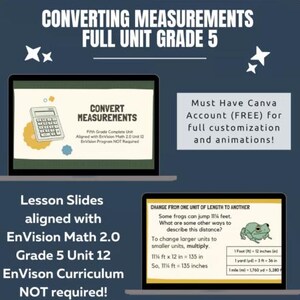Puede incluir: Gráfico educativo para matemáticas de 5º grado, titulado "Conversión de medidas". La imagen presenta dos pantallas de ordenador portátil que muestran diapositivas de lecciones. Una diapositiva muestra un gráfico de calculadora, y la otra un gráfico de rana con conversiones de medidas. El texto incluye "EnVision Math 2.0" y "Canva Account (GRATIS)".