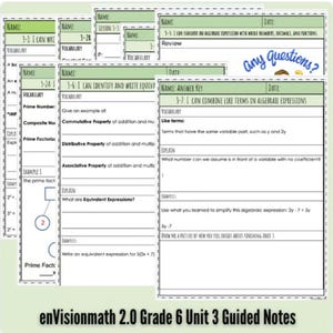 May include: A collection of green and white guided notes for Grade 6 math, titled "enVisionmath 2.0 Grade 6 Unit 3 Guided Notes." The notes cover topics like algebraic expressions and prime numbers, with space for vocabulary and examples.
