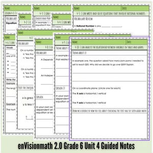 以下が含まれることがあります： 「enVisionmath 2.0 Grade 6 Unit 4 Guided Notes」と題された、緑と白の6年生向け数学のガイド付きノートの束。ノートには語彙、例、方程式を記述して解くためのスペースが含まれています。