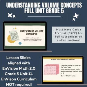 May include: Educational graphic with the text "Understanding Volume Concepts" and "Full Unit Grade 5." Two laptops display lesson slides aligned with EnVision Math 2.0, Grade 5 Unit 11. Canva account required.
