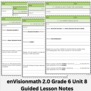 May include: Lesson notes for Grade 6 maths, with green and white text boxes containing questions and prompts. The title "enVisionmath 2.0 Grade 6 Unit 8 Guided Lesson Notes" is at the bottom of the image.