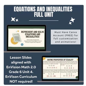 May include: A digital educational resource titled "EQUATIONS AND INEQUALITIES FULL UNIT." The image displays lesson slides aligned with EnVision Math 2.0 for Grade 6, including examples of equations and properties of equality. Canva account is required.