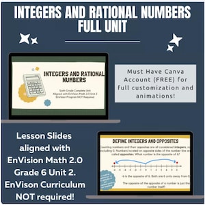May include: Educational resource for sixth-grade math, featuring lesson slides on integers and rational numbers. The image includes a calculator graphic and text: "Integers and Rational Numbers." The resource is aligned with EnVision Math 2.0.