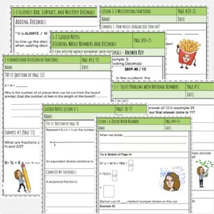 May include: A collection of educational worksheets with math problems and notes. The worksheets cover topics like decimals, fractions, and division. The pages have green borders and include illustrations of fries, pencils, and people.