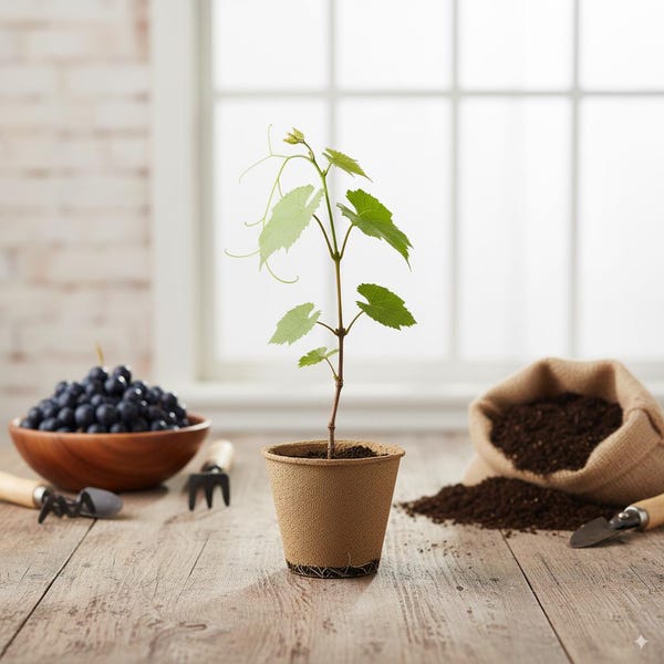 Può includere: Una giovane vite in un piccolo vaso marrone, con foglie verdi e viticci, su un tavolo di legno. Una ciotola di legno con uva scura, attrezzi da giardinaggio e un sacco di iuta con terra completano la scena, suggerendo il giardinaggio.