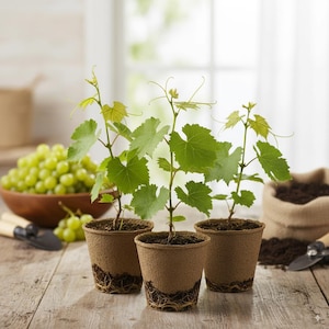 May include: Three young grape vines in biodegradable pots with visible roots, set on a wooden surface. The vines have vibrant green leaves and tendrils. A bowl of green grapes and gardening tools are in the background, suggesting a gardening theme.
