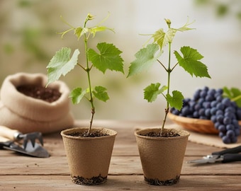 May include: Two young grape vines in biodegradable pots with green leaves and stems. A burlap sack of soil, a bowl of grapes, and gardening tools are on a wooden table, suggesting a gardening theme.