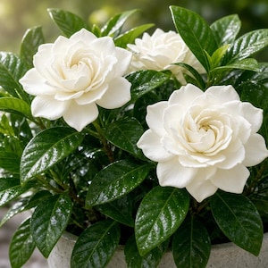 Puede incluir: Una planta de gardenia en maceta con múltiples flores blancas de pétalos múltiples y centro en espiral. La planta tiene hojas brillantes de color verde oscuro, en forma de lanza, con venas visibles. Está en una maceta de piedra gris claro.