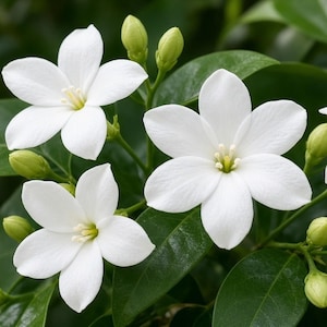Puede incluir: Tres flores blancas con cinco pétalos cada una y centros amarillos, rodeadas por varios capullos verdes pequeños sin abrir y hojas de color verde oscuro, brillantes y ovaladas en un tallo, capturadas en una vista botánica detallada.