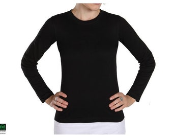 May include: A solid black long-sleeve shirt with a crew neck. The shirt is made of a soft material and has a fitted silhouette. The sleeves extend to the wrists. The shirt is a basic wardrobe staple.