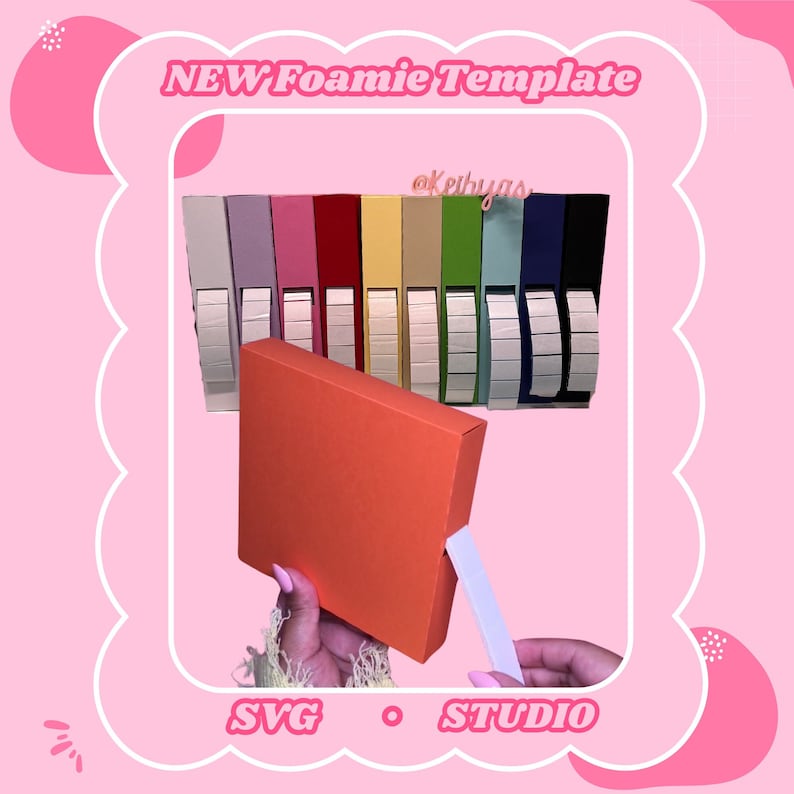 May include: An orange foamie template box with a white pull tab, held by a person. The image features a variety of colored foamie templates in the background, with the text "NEW Foamie Template" and "SVG &bull; STUDIO".