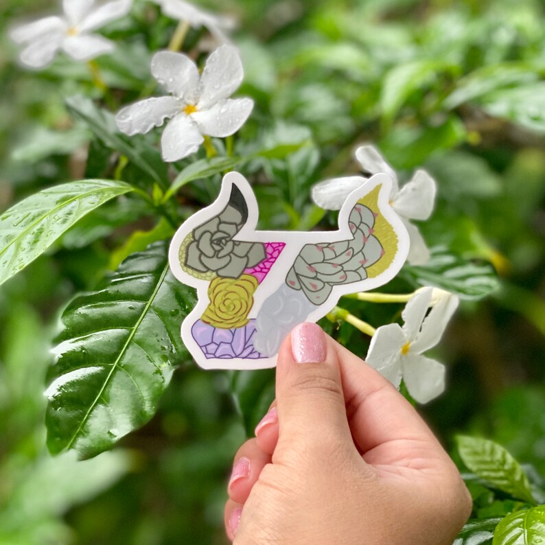 May include: A sticker featuring a stylized design of a succulent plant in shades of green, pink, and yellow. The sticker is on a white background and is being held by a hand.