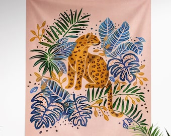 Leopard Tapestry - Boho Bedroom Decor, Colorful Pink Wall Hanging, Modern Art Bedroom, Flowers & Plants Home Decor, Jungle Cat Tapestry