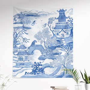 May include: Blue and white tapestry featuring an Asian-inspired landscape with pagodas, trees, and tigers. The design is reminiscent of classic blue and white porcelain, with a serene river scene and detailed architectural elements.